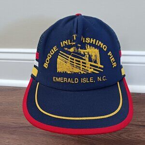Vintage 3 Stripe Hat Cap Trucker SnapBack Mesh Bogue Inlet Fishing Pier NC